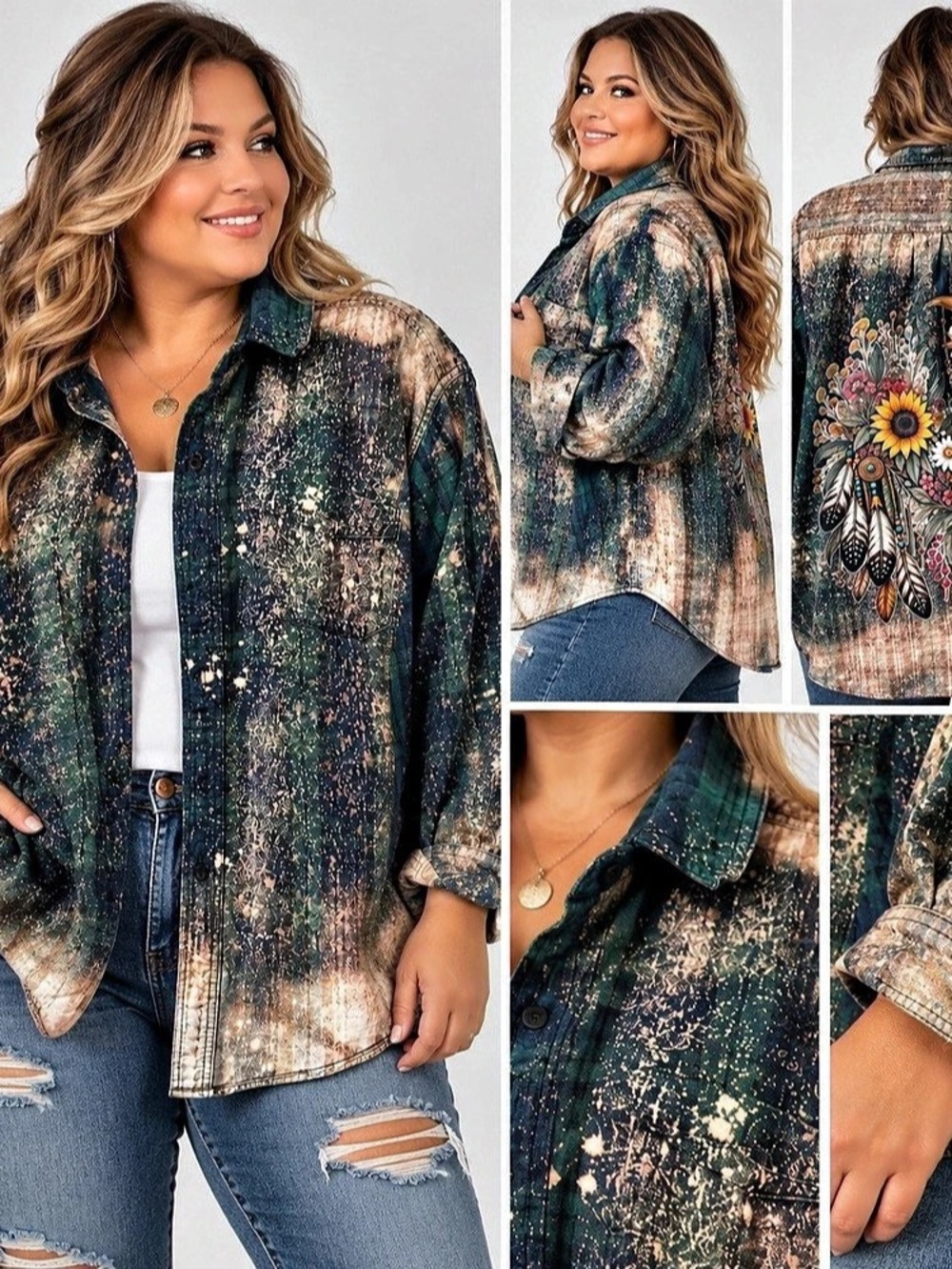L.L.Bean Women's Abstract Print Shirt Jacket in Green & Brown